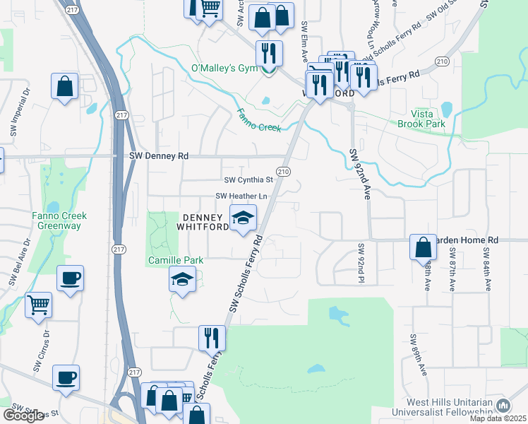 map of restaurants, bars, coffee shops, grocery stores, and more near 7315 Southwest Scholls Ferry Road in Beaverton