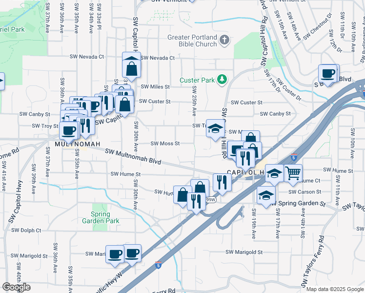map of restaurants, bars, coffee shops, grocery stores, and more near 8033 Southwest 25th Avenue in Portland