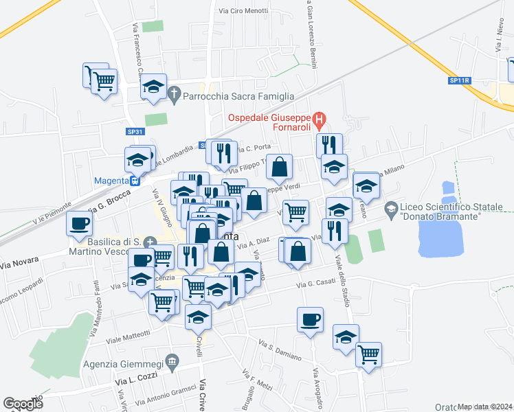 map of restaurants, bars, coffee shops, grocery stores, and more near 17 Via Milano in Magenta