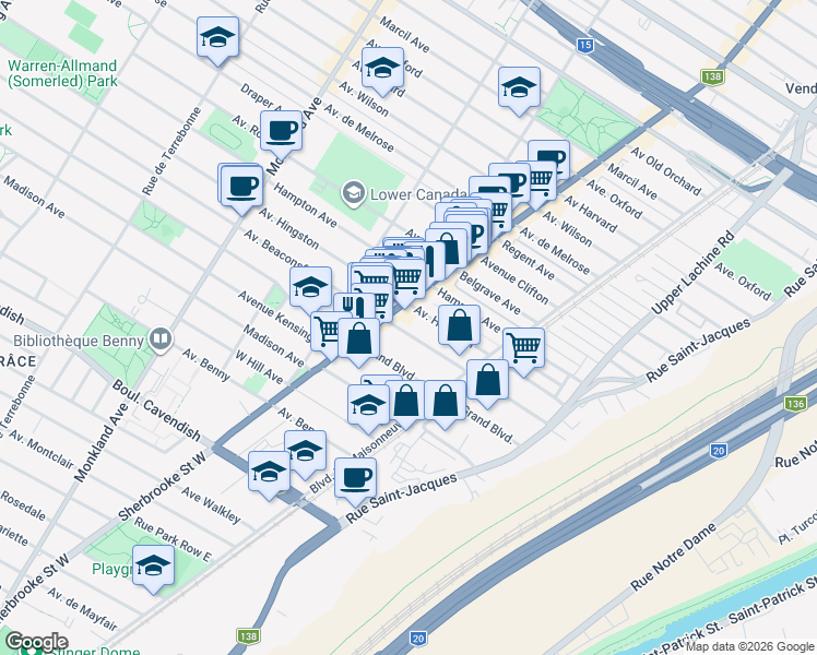map of restaurants, bars, coffee shops, grocery stores, and more near 2353 Avenue Beaconsfield in Montréal