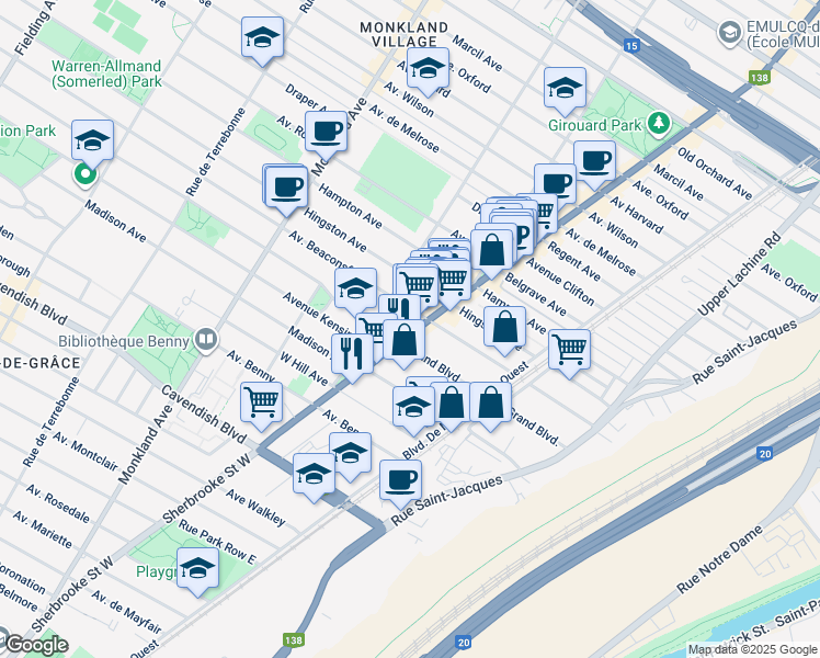 map of restaurants, bars, coffee shops, grocery stores, and more near 6165 Sherbrooke Street West in Montreal