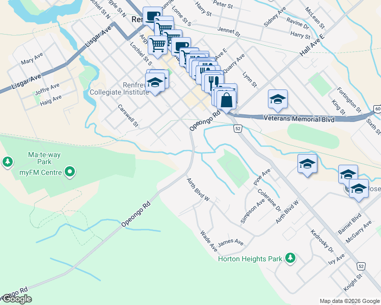 map of restaurants, bars, coffee shops, grocery stores, and more near 200 Opeongo Road in Renfrew