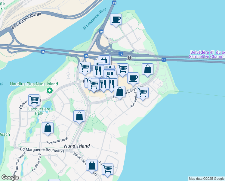 map of restaurants, bars, coffee shops, grocery stores, and more near 3000 Boulevard René Lévesque in Montréal