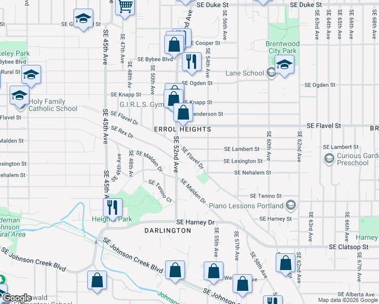 map of restaurants, bars, coffee shops, grocery stores, and more near 5320 Southeast Flavel Drive in Portland