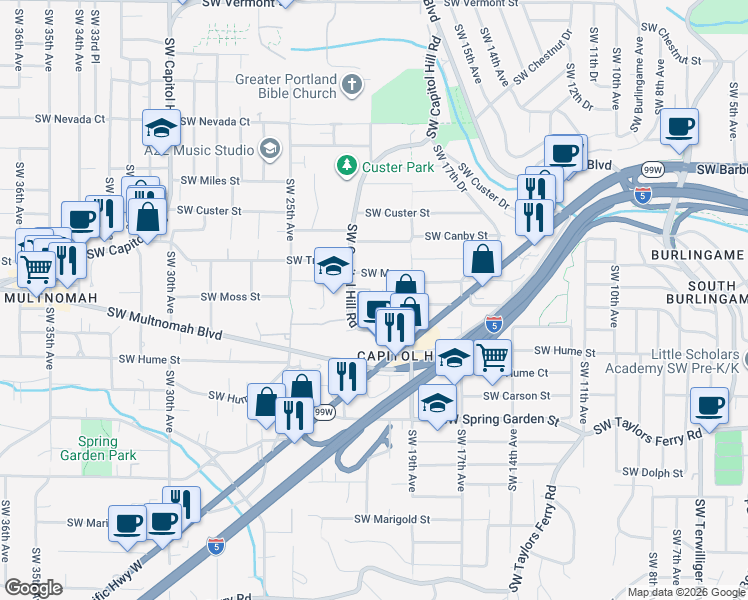 map of restaurants, bars, coffee shops, grocery stores, and more near 8050 Southwest Capitol Hill Road in Portland