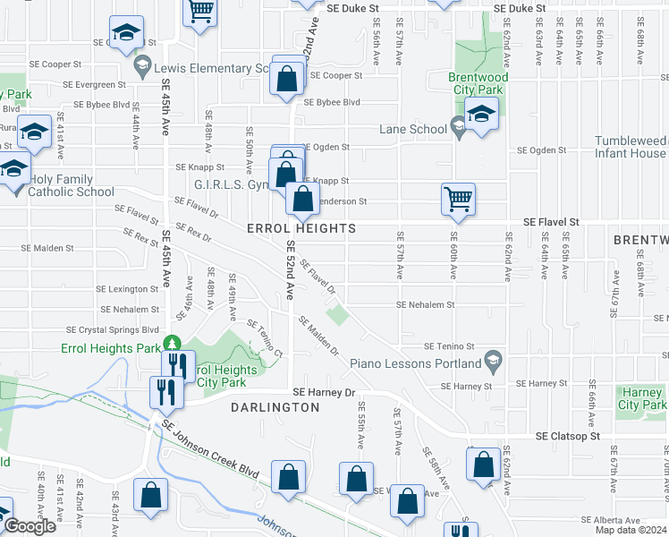 map of restaurants, bars, coffee shops, grocery stores, and more near 5336 Southeast Lambert Street in Portland