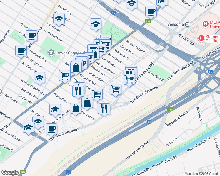 map of restaurants, bars, coffee shops, grocery stores, and more near 2116 Avenue de Clifton in Montréal