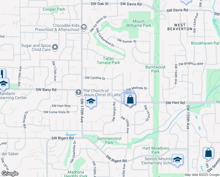 map of restaurants, bars, coffee shops, grocery stores, and more near 7325 Southwest 166th Terrace in Beaverton