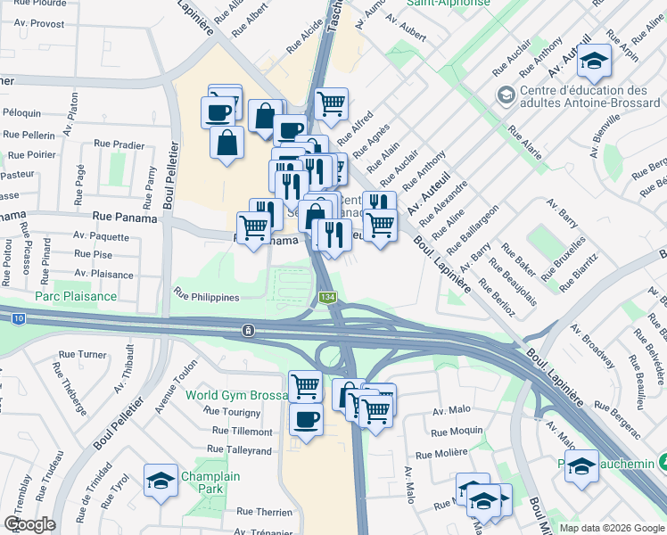 map of restaurants, bars, coffee shops, grocery stores, and more near 6955 Taschereau Boulevard in Brossard