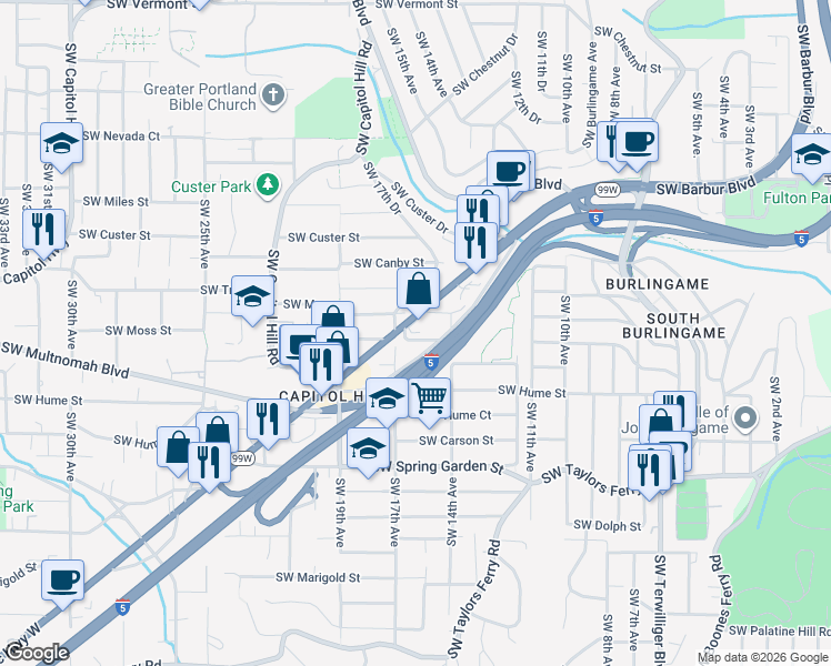 map of restaurants, bars, coffee shops, grocery stores, and more near 1515 Southwest Multnomah Boulevard in Portland