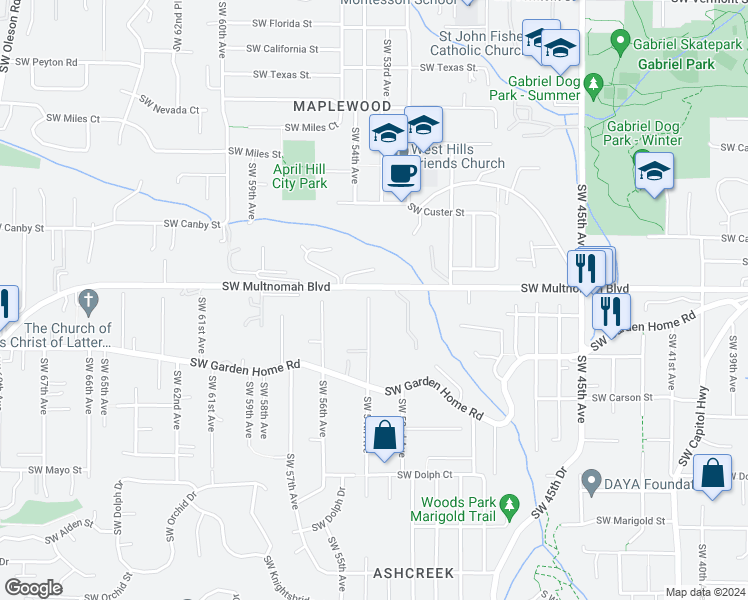 map of restaurants, bars, coffee shops, grocery stores, and more near 8024 Southwest 54th Avenue in Portland