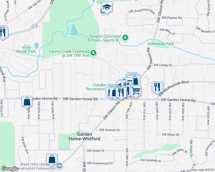 map of restaurants, bars, coffee shops, grocery stores, and more near 7375 Southwest 76th Avenue in Portland