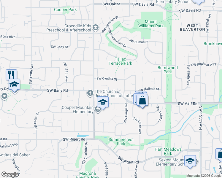 map of restaurants, bars, coffee shops, grocery stores, and more near 16817 Southwest Tallac Way in Beaverton
