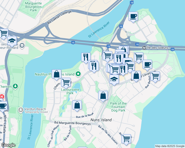 map of restaurants, bars, coffee shops, grocery stores, and more near 319 Chemin du Golf in Montréal