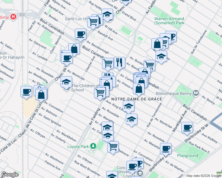 map of restaurants, bars, coffee shops, grocery stores, and more near 6666 Avenue Fielding in Montréal