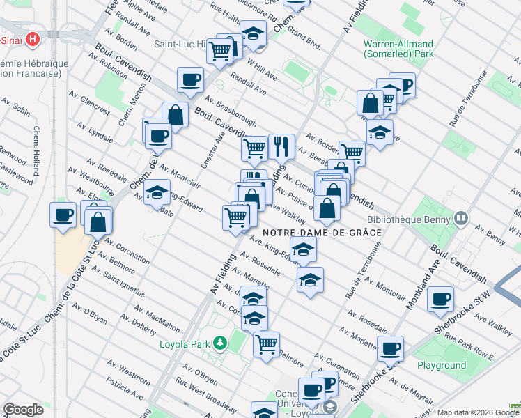 map of restaurants, bars, coffee shops, grocery stores, and more near 6666 Avenue Fielding in Montréal