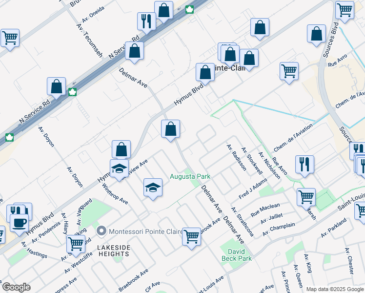 map of restaurants, bars, coffee shops, grocery stores, and more near 501 Avenue Delmar in Pointe-Claire