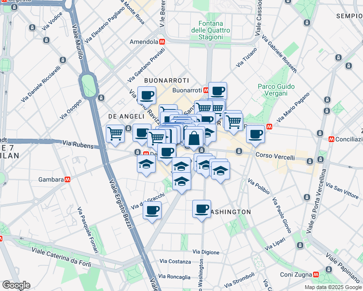 map of restaurants, bars, coffee shops, grocery stores, and more near Via Marghera in Milano