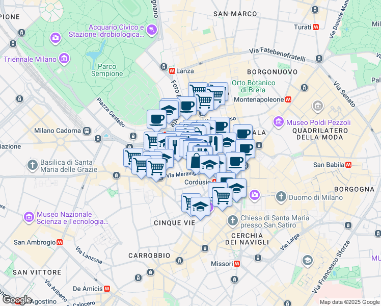 map of restaurants, bars, coffee shops, grocery stores, and more near 7 Via San Tomaso in Milano