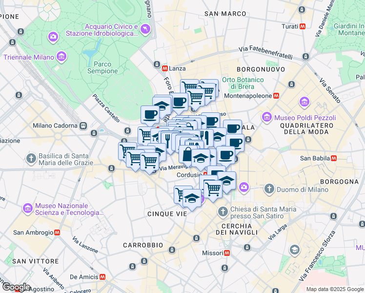 map of restaurants, bars, coffee shops, grocery stores, and more near 7 Via San Tomaso in Milano
