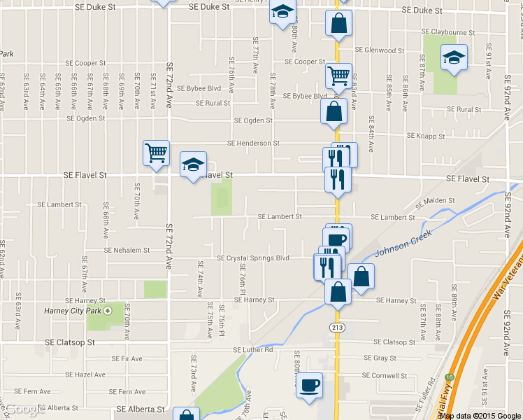 map of restaurants, bars, coffee shops, grocery stores, and more near 7725 Southeast Lambert Street in Portland
