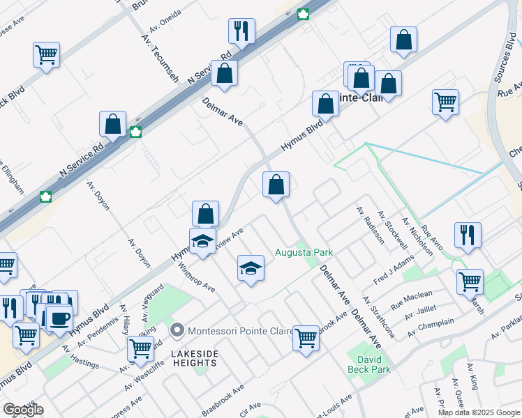 map of restaurants, bars, coffee shops, grocery stores, and more near 39 Avenue Eastview in Pointe-Claire