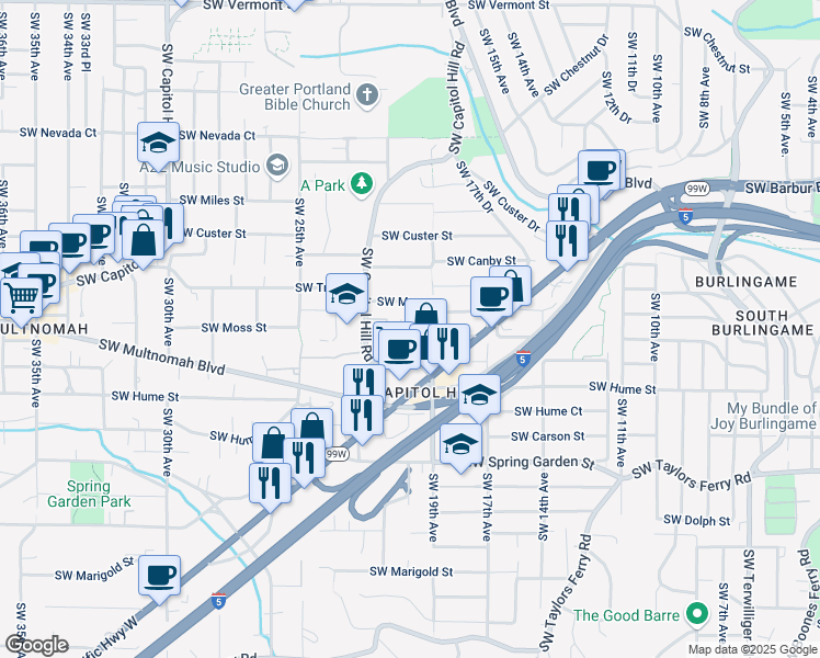 map of restaurants, bars, coffee shops, grocery stores, and more near 7945-7985 Southwest 19th Avenue in Portland