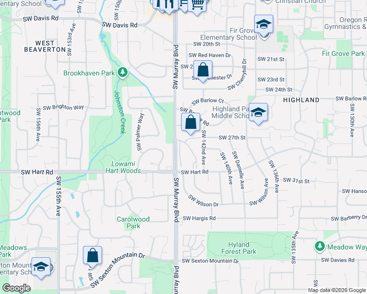 map of restaurants, bars, coffee shops, grocery stores, and more near 7260 Southwest Wilson Court in Beaverton