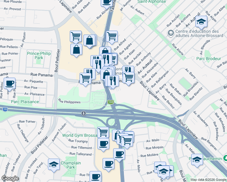 map of restaurants, bars, coffee shops, grocery stores, and more near 6955 Taschereau Boulevard in Brossard
