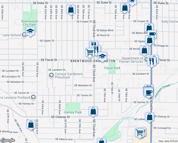 map of restaurants, bars, coffee shops, grocery stores, and more near 7763 Southeast 72nd Avenue in Portland