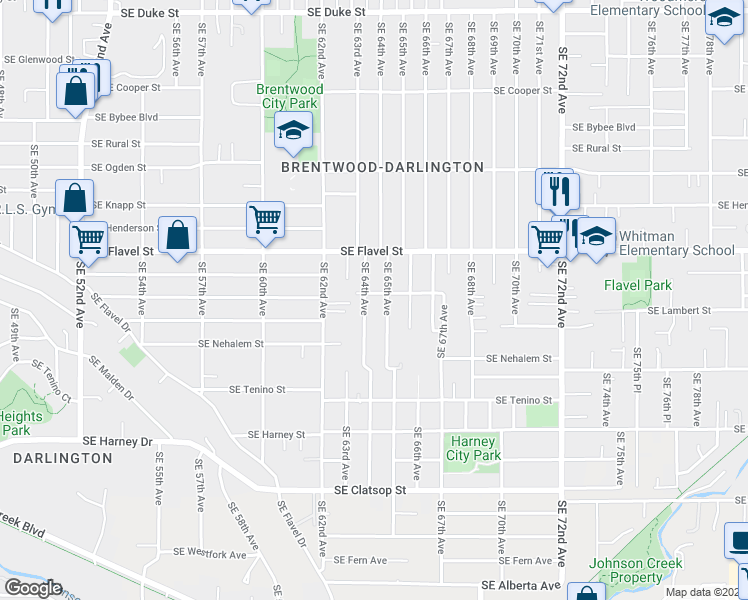 map of restaurants, bars, coffee shops, grocery stores, and more near 6416 Southeast Lambert Street in Portland