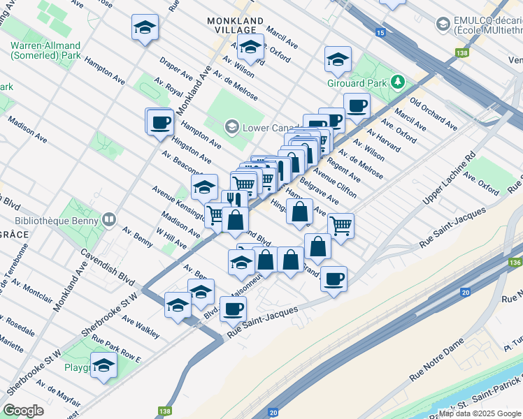 map of restaurants, bars, coffee shops, grocery stores, and more near 2365 Avenue Beaconsfield in Montrã©Al