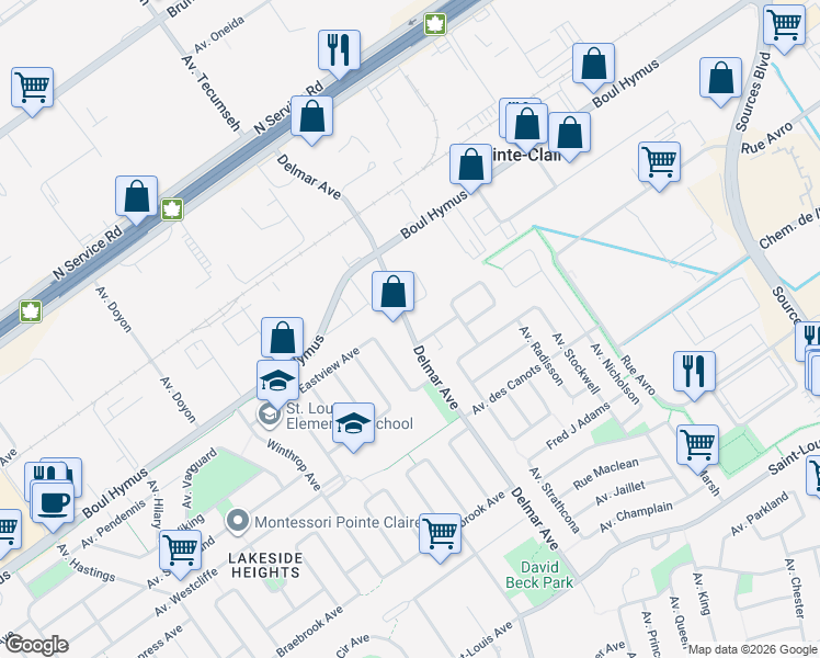 map of restaurants, bars, coffee shops, grocery stores, and more near 507 Delmar Avenue in Pointe-Claire