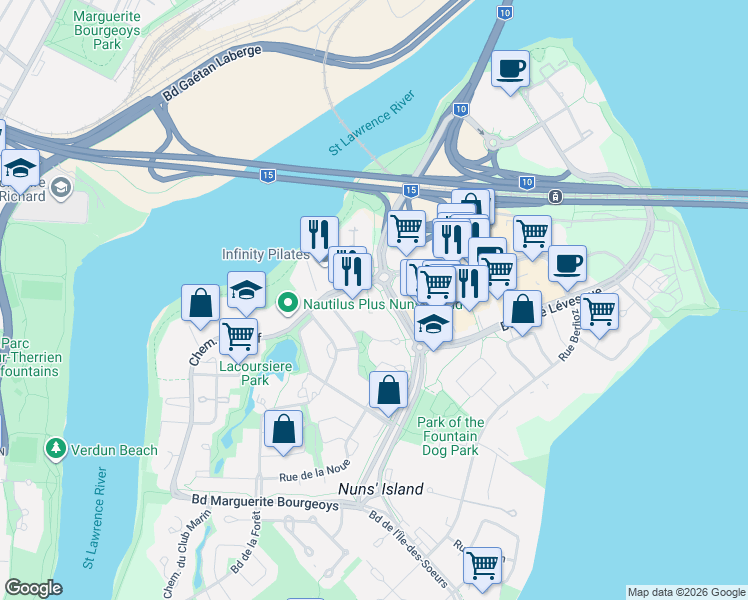 map of restaurants, bars, coffee shops, grocery stores, and more near 201 Chemin du Golf in Montréal