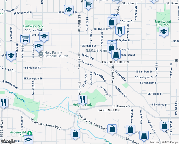 map of restaurants, bars, coffee shops, grocery stores, and more near 7866 Southeast 46th Avenue in Portland