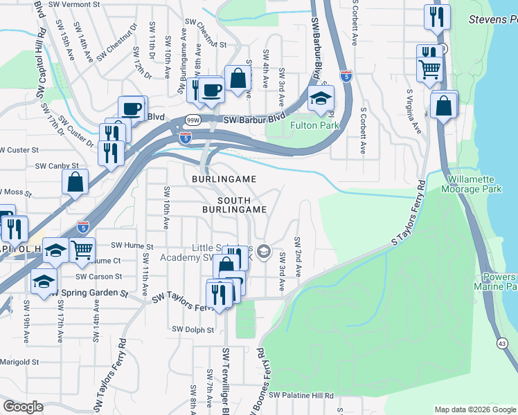 map of restaurants, bars, coffee shops, grocery stores, and more near 8014 Southwest 6th Avenue in Portland
