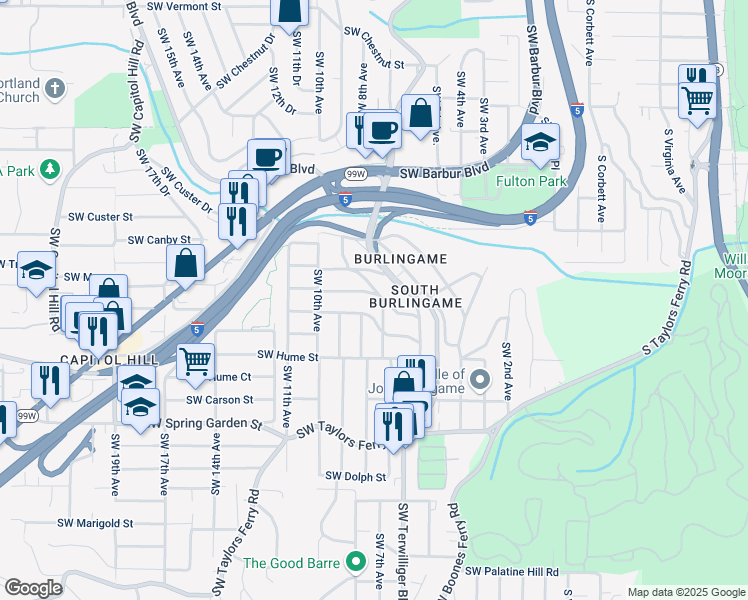 map of restaurants, bars, coffee shops, grocery stores, and more near 746 Southwest Evans Street in Portland
