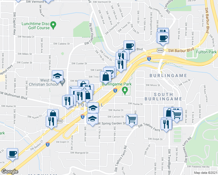 map of restaurants, bars, coffee shops, grocery stores, and more near 1515 Southwest Multnomah Boulevard in Portland
