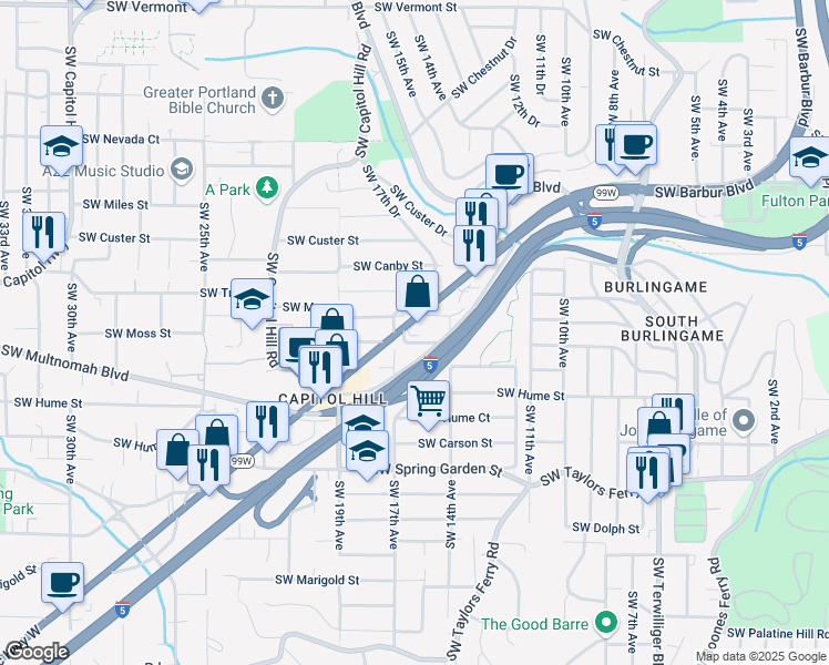 map of restaurants, bars, coffee shops, grocery stores, and more near 1515 Southwest Multnomah Boulevard in Portland
