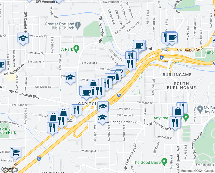 map of restaurants, bars, coffee shops, grocery stores, and more near 8029a Southwest 17th Avenue in Portland