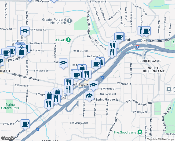 map of restaurants, bars, coffee shops, grocery stores, and more near in Portland