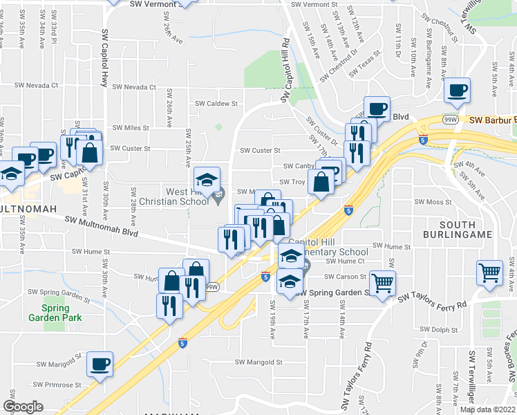 map of restaurants, bars, coffee shops, grocery stores, and more near 8050 Southwest Capitol Hill Road in Portland