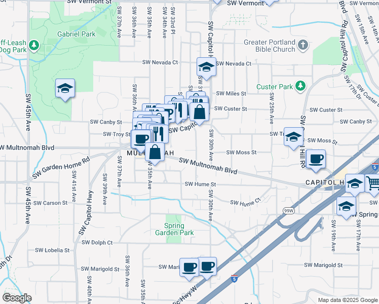 map of restaurants, bars, coffee shops, grocery stores, and more near 8023 Southwest 31st Avenue in Portland