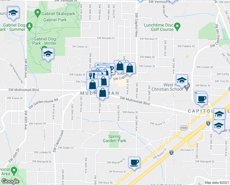 map of restaurants, bars, coffee shops, grocery stores, and more near 3309 Southwest Falcon Street in Portland