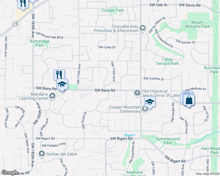 map of restaurants, bars, coffee shops, grocery stores, and more near 7396 Southwest 175th Terrace in Beaverton
