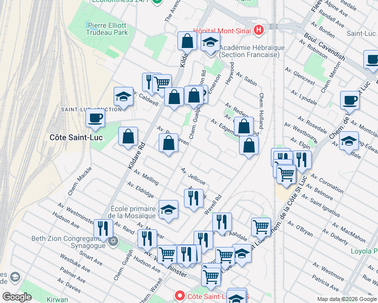map of restaurants, bars, coffee shops, grocery stores, and more near 7484 Chemin Guelph in Côte Saint-Luc