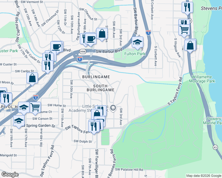 map of restaurants, bars, coffee shops, grocery stores, and more near 7929 Southwest 4th Avenue in Portland