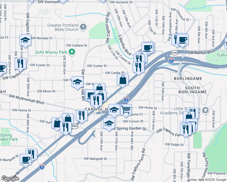 map of restaurants, bars, coffee shops, grocery stores, and more near 8029a Southwest 17th Avenue in Portland