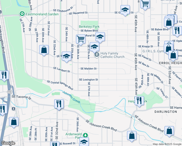 map of restaurants, bars, coffee shops, grocery stores, and more near 3717 Southeast Lambert Street in Portland