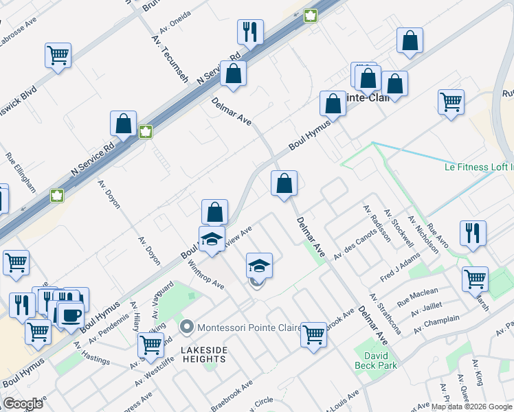 map of restaurants, bars, coffee shops, grocery stores, and more near 124 Boulevard Hymus in Pointe-Claire